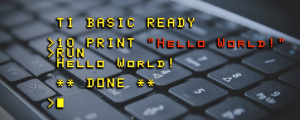 Hello World. Output of an old console program on a background image of a keyboard.