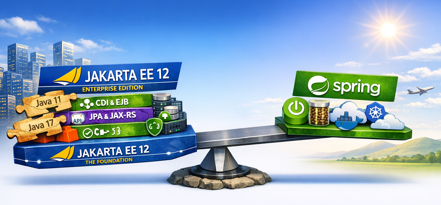 AI generated image of a see-saw with Jakarta EE 12 on one end and Spring on the other.