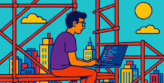 AI-generated cartoon image of a programmer sitting on top of scaffolding.