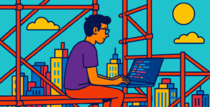 AI-generated cartoon image of a programmer sitting on top of scaffolding.