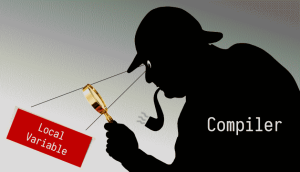Local variable type inference: detective with the label "compiler" using a magnifying glass to inspect a red block labeled "local variable"