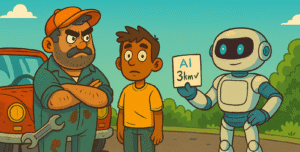 AI-generated cartoon of an angry mechanic holding a wrench. There is a confused customer, and a robot on the other side of the customer.
