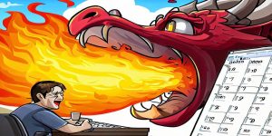 Cartoon image of a dragon breathing fire over a programmer, with a calendar in the foreground.