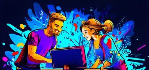 The personal touch - stylized image of two people working together at a computer. Generated by DALL-E.