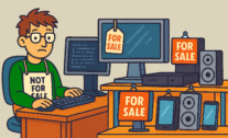 AI-generated cartoon image. On the left is a programmer sitting at a computer on a desk. He is wearing a sign around his neck that says "Not for sale". Next to him is a row of electronic devices: a monitor, a gaming console, a set of speakers, a cell phone. All the devices are marked for sale.