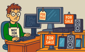 AI-generated cartoon image. On the left is a programmer sitting at a computer on a desk. He is wearing a sign around his neck that says "Not for sale". Next to him is a row of electronic devices: a monitor, a gaming console, a set of speakers, a cell phone. All the devices are marked for sale.