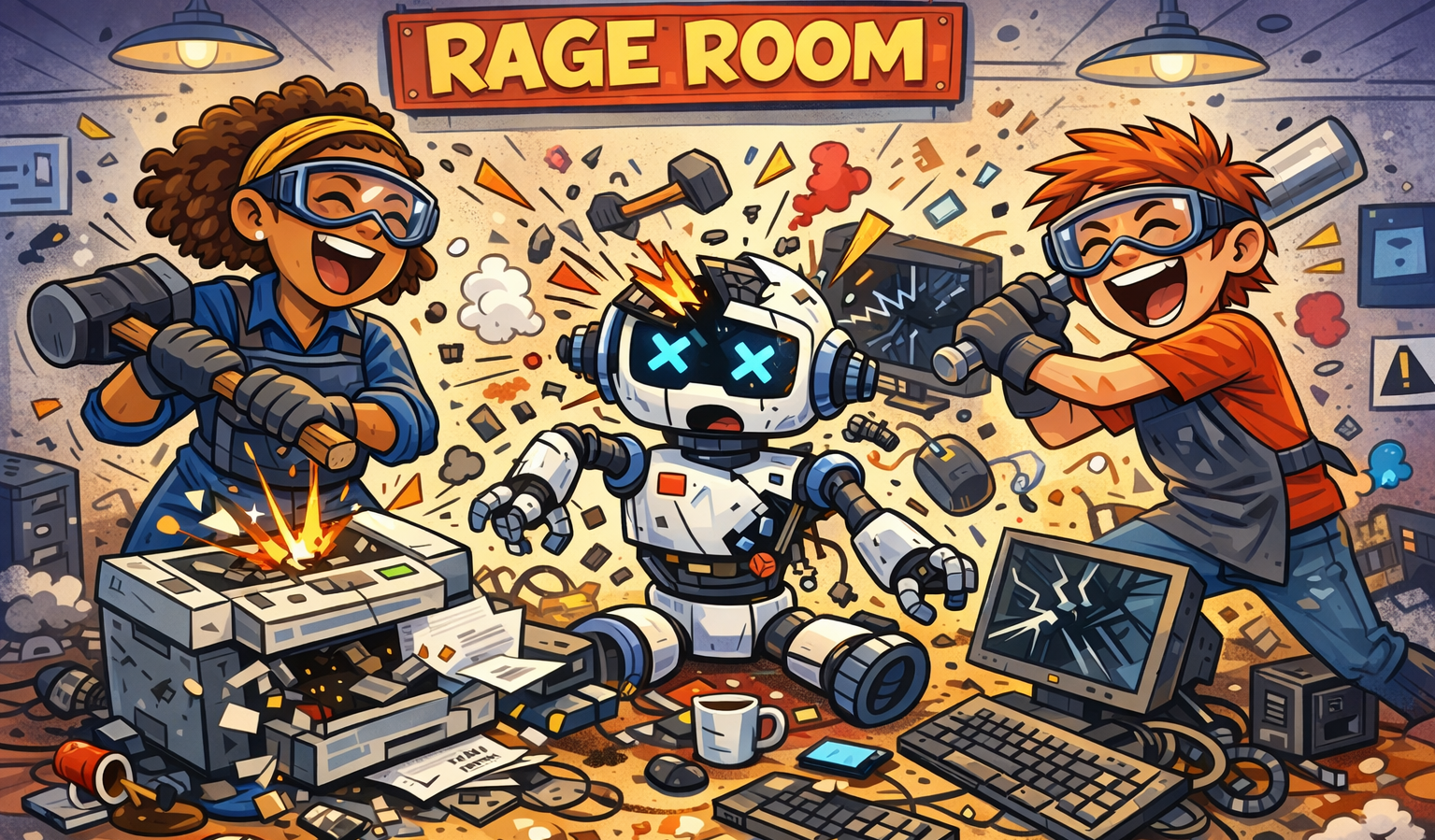 AI-generated cartoon image. Two smiling people hitting a robot and some computer equipment. There is a sign at the back with the words "Rage Room"on it.