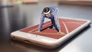 The risks of googling code answers. Image of a runner in starting position, ground looks like a cell phone.