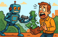 AI-generated image of a robot stealing money from a human.