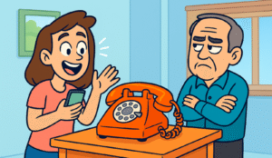 AI-generated cartoon image. In the middle is an old rotary phone on a desk. On the left is a young woman holding a smartphone, and looking excited to see the old phone. On the right is an olderman, who looks sceptical.