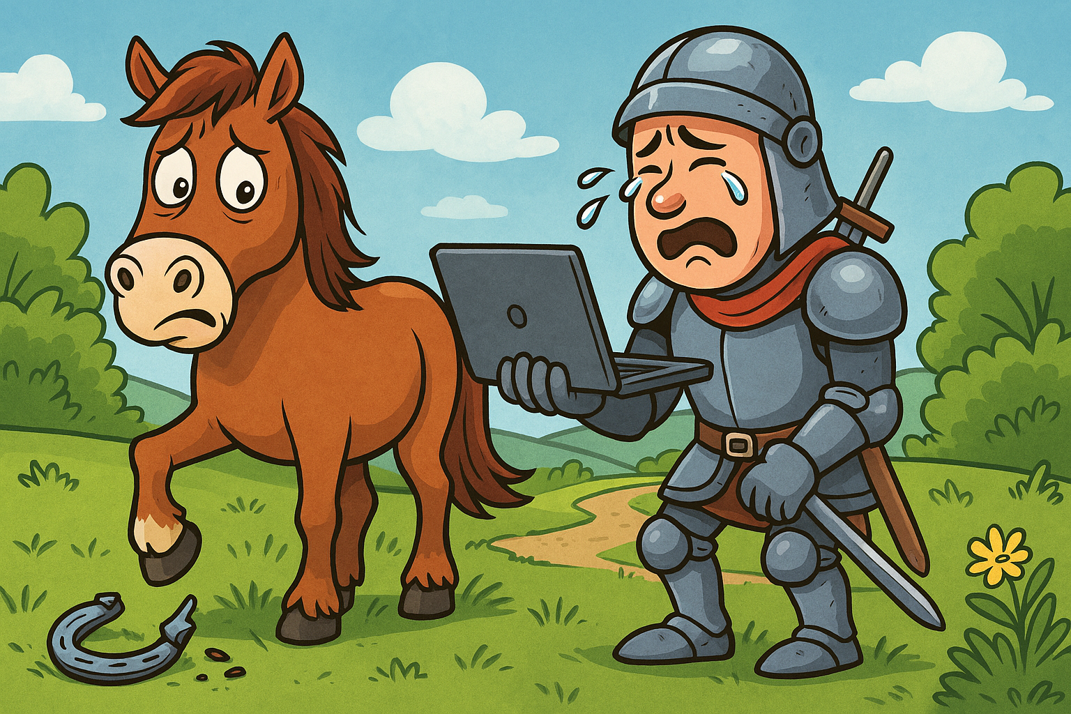 The image must show a horse on the left, with one hoof lifted and an expression of dismay on the horse's face. There must be bent and broken horse shoe lying on the ground. On the right is a man dressed in medieval armour, including a sword. But he is crying and holding a laptop in one hand. The scene is outside.