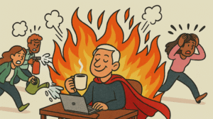 AI-generated cartoon of an older man in a superhero cape sitting calmly at a laptop and drinking coffee. Around him, young people are trying frantically to put out a fire.