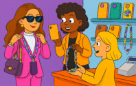 AI-generated cartoon of a wealthy looking woman in a shop. There are cell phone accessories on display, and the shop assistants are showing her a cell phone case and a strap.