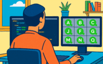 AI-generated cartoon of a man from behind, sitting at his computer. He is facing a screen full of attendees… who are all just green dots.