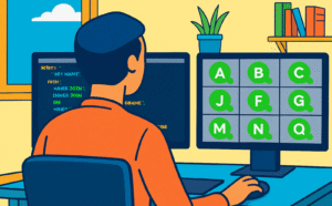 AI-generated cartoon of a man from behind, sitting at his computer. He is facing a screen full of attendees… who are all just green dots.