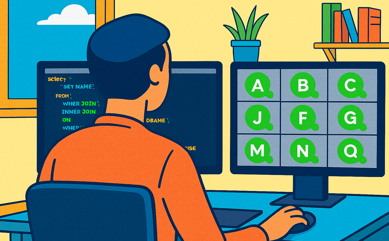AI-generated cartoon of a man from behind, sitting at his computer. He is facing a screen full of attendees… who are all just green dots.