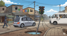 AI-generated image of a self-driving car in Africa. There is a minibus taxi with a driver leaning out of the window, a broken traffic light in the middle of a pothole, a pedestrian with headphones on, and a chicken in the road.