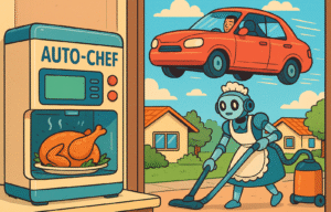 feature an auto-chef device (like the ones in the JD Robbs stories), a flying car and a robotic cleaning maid.