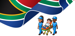 Large waving South African flag in background. In the foreground is a cartoon image of two people pushing a stretcher. The person on the stretcher has a t-shirt that says "trainer".