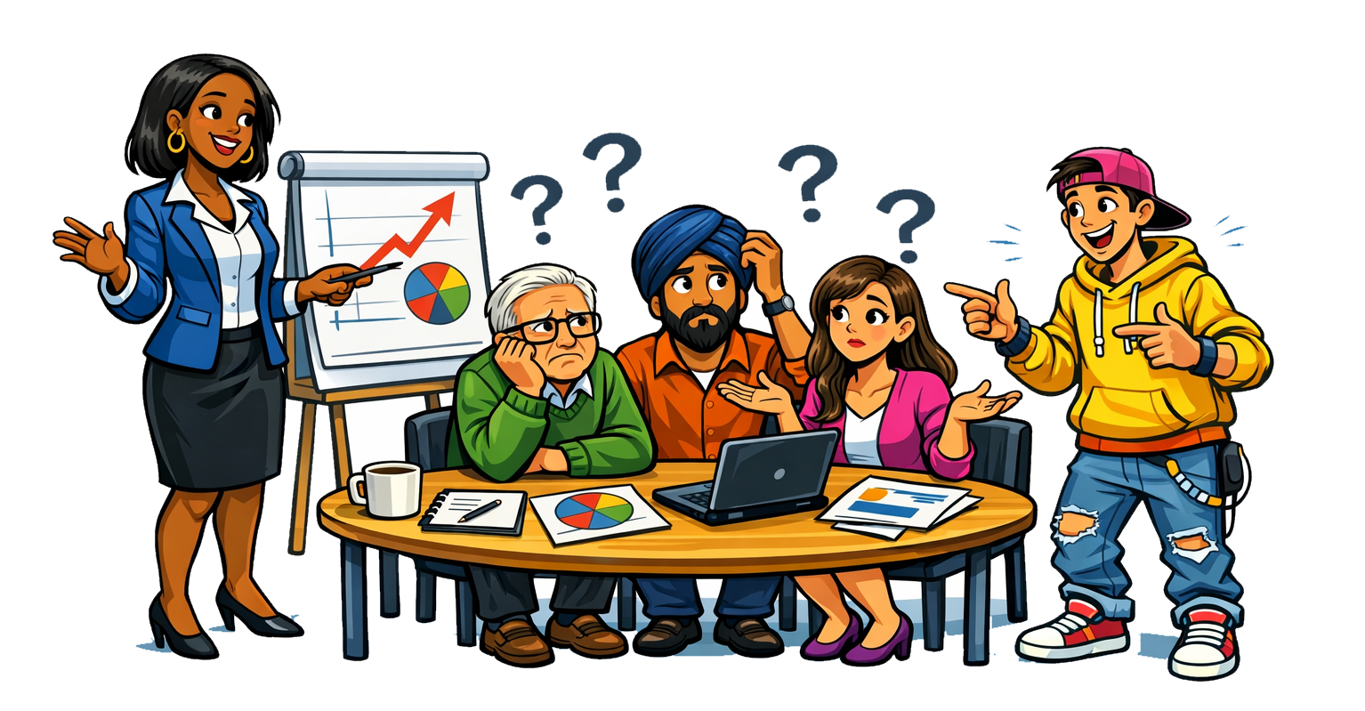 AI-generated cartoon image. In the middle is a table with 3 people sitting. One person is Indian, one person is older. On the left is a woman, smartly dressed in corporate clothing and standing. On the right is a man in Gen-Z clothing. Both of them are explaining something to the three seated people. The 3 seated people look very confused.