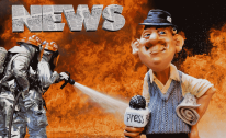 Twitastrophe - cartoon of a newsreader, with firefighters in the background putting out a fire.