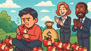 AI-generated cartoon. There is an unhappy man sitting with an apple in his hand. There is one bite missing from the apple. He is surrounded by apples, all with a single bite out of them. A man and a woman, dressed in corporate clothing, are standing behind him with a sack of money. They are happy and clapping.