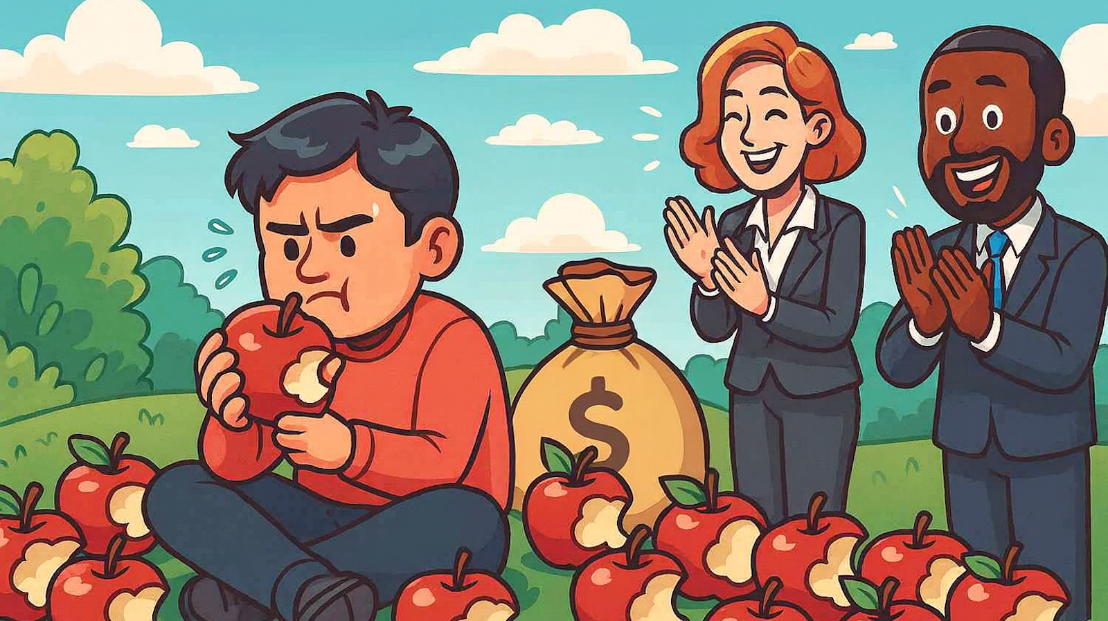 AI-generated cartoon. There is an unhappy man sitting with an apple in his hand. There is one bite missing from the apple. He is surrounded by apples, all with a single bite out of them. A man and a woman, dressed in corporate clothing, are standing behind him with a sack of money. They are happy and clapping.