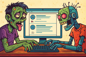 AI-generated cartoon. A human and a robot, on either side of a computer screen. The screen shows social media. Both the human and the robot look like zombies.
